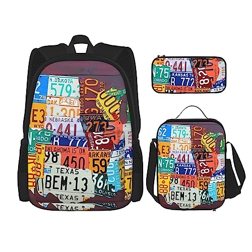 Nummernschild Karte Rucksack 3-teilig Schulranzen mit Brotdose und Federmäppchen Set - Geeignet für Jungen und Mädchen, Schwarz , Einheitsgröße, Kinderrucksack von BHCASE