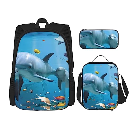 Ocean Dolphin Looking at You Rucksack 3-teilig Schulranzen mit Brotdose und Federmäppchen Set :>> Geeignet für Jungen und Mädchen, Schwarz , Einheitsgröße, Kinderrucksack von BHCASE