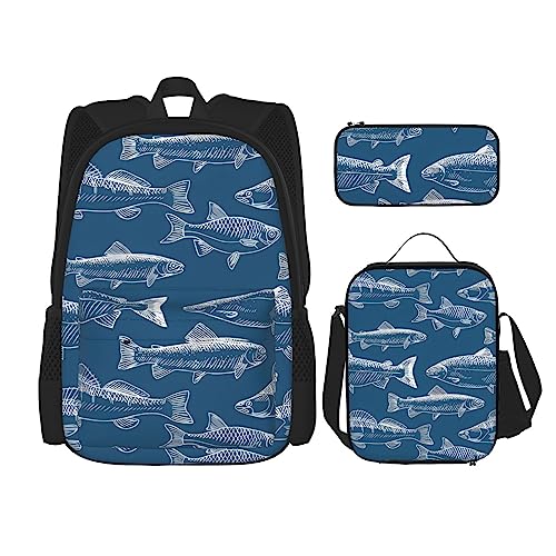 Ocean Fishes Rucksack 3-teilig Schulranzen mit Brotdose und Federmäppchen Set - Geeignet für Jungen und Mädchen, Schwarz , Einheitsgröße, Kinderrucksack von BHCASE