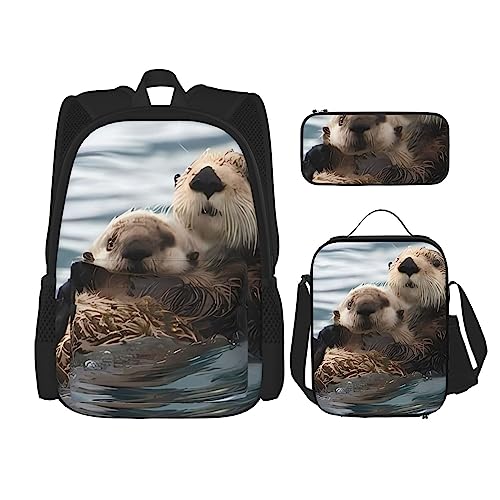 Otter Rucksack 3-teilig Schulranzen mit Brotdose und Federmäppchen Set - Geeignet für Jungen und Mädchen, Schwarz , Einheitsgröße, Kinderrucksack von BHCASE