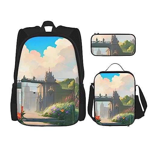 Outside The Castle Gate Rucksack 3-teiliges Schulranzen mit Brotdose und Federmäppchen Set :>> Geeignet für Jungen und Mädchen, Schwarz , Einheitsgröße, Kinderrucksack von BHCASE