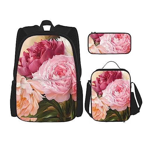 Pfingstrose Blumen Blüten Rucksack 3-teilig Schulranzen mit Brotdose und Federmäppchen Set > Geeignet für Jungen und Mädchen, Schwarz , Einheitsgröße, Kinderrucksack von BHCASE