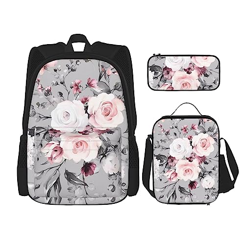 Pflanze Blumen Blumen Rucksack 3-teilig Schulranzen mit Brotdose und Federmäppchen Set > Geeignet für Jungen und Mädchen, Schwarz , Einheitsgröße, Kinderrucksack von BHCASE