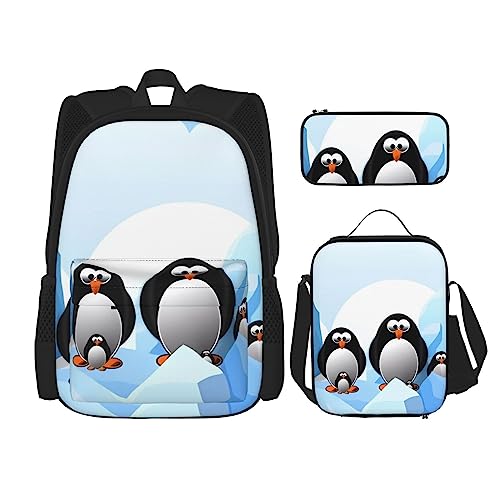 Pinguin Antarktis Eisrucksack 3-teilig Schulranzen mit Brotdose und Federmäppchen Set - Geeignet für Jungen und Mädchen, Schwarz , Einheitsgröße, Kinderrucksack von BHCASE