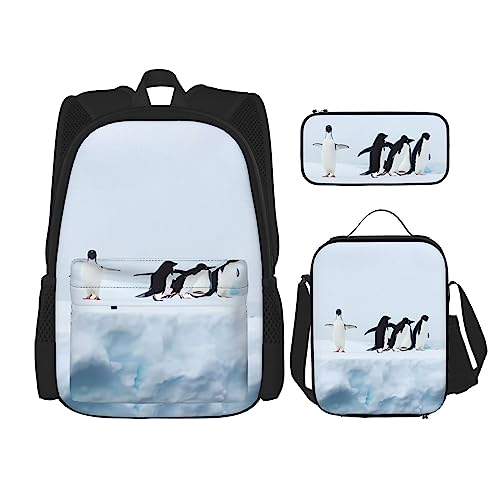 Pinguine auf dem Eisberg Rucksack 3-teilig Schulranzen mit Brotdose und Federmäppchen Set :>> Geeignet für Jungen und Mädchen, Schwarz , Einheitsgröße, Kinderrucksack von BHCASE