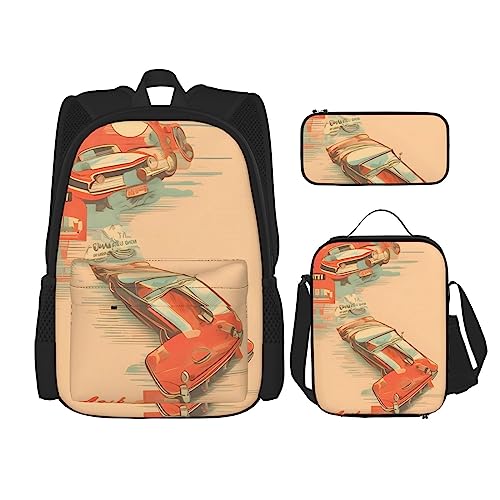 Poster Auto Rucksack 3tlg Schulranzen mit Brotdose und Federmäppchen Set > Geeignet für Jungen und Mädchen, Schwarz , Einheitsgröße, Kinderrucksack von BHCASE