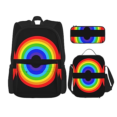 Regenbogen Rucksack 3-teilig Schulranzen mit Brotdose und Federmäppchen Set : geeignet für Jungen und Mädchen, Schwarz , Einheitsgröße, Kinderrucksack von BHCASE