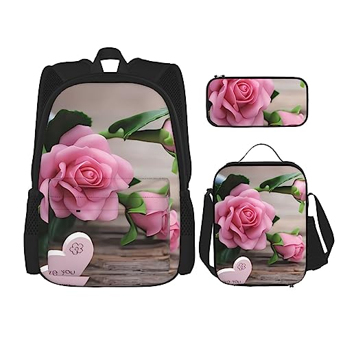 Rosa Rosen (1) Rucksack 3-teilig Schulranzen mit Brotdose und Federmappe Set - Geeignet für Jungen und Mädchen, Schwarz , Einheitsgröße, Kinderrucksack von BHCASE