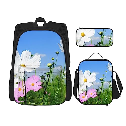 Rosa und Weiß Blumen Rucksack 3-teilig Schulranzen mit Brotdose und Federmäppchen Set - Geeignet für Jungen und Mädchen, Schwarz , Einheitsgröße, Kinderrucksack von BHCASE