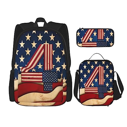 Rucksack 4. Juli Patriotische Flagge 3-teiliges Schulranzen mit Lunchbox und Federmäppchen Set - Geeignet für Jungen und Mädchen, Schwarz , Einheitsgröße, Kinderrucksack von BHCASE