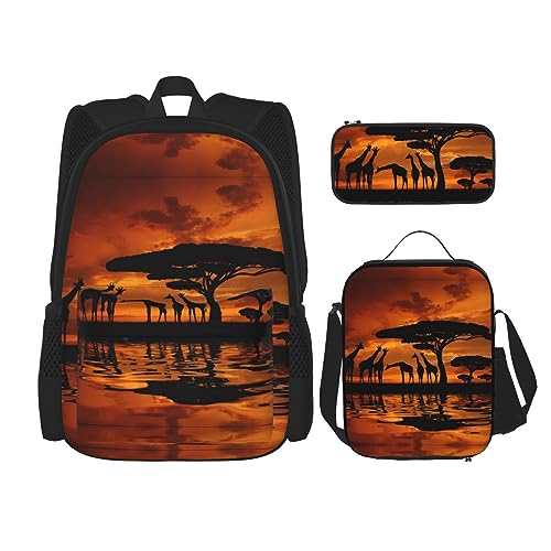 Rucksack Erwachsene Kinder Rucksack Daypack Schultasche mit Lunchtasche und Federmäppchen Kombination Afrika Giraffe Majestic Tree Printing, Schwarz , Einheitsgröße von BHCASE