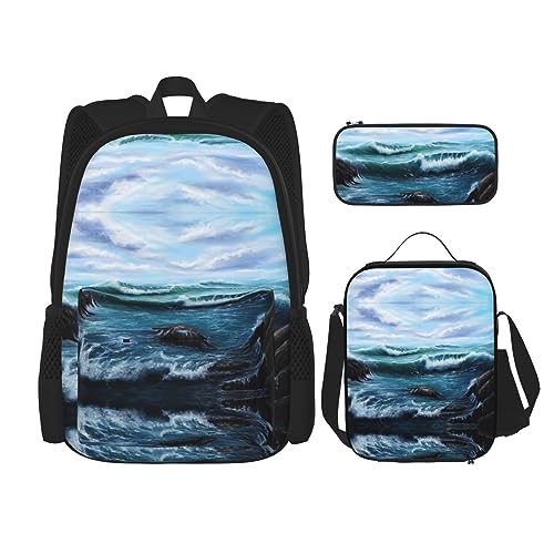 Rucksack Erwachsene Kinder Rucksack Daypack Schultasche mit Lunchtasche und Federmäppchen Kombination Blau Meer Landschaft Drucke, Schwarz , Einheitsgröße von BHCASE