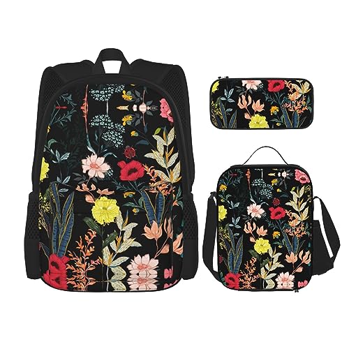 Rucksack Erwachsene Kinder Rucksack Daypack Schultasche mit Lunchtasche und Federmäppchen Kombination Bunte Boho Blumenmuster, Schwarz , Einheitsgröße von BHCASE