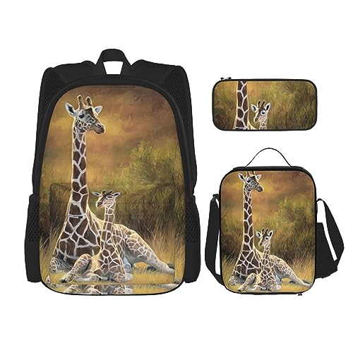 Rucksack Erwachsene Kinder Rucksack Daypack Schultasche mit Lunchtasche und Federmäppchen Kombination Giraffe Mama und Baby Druck, Schwarz , Einheitsgröße von BHCASE