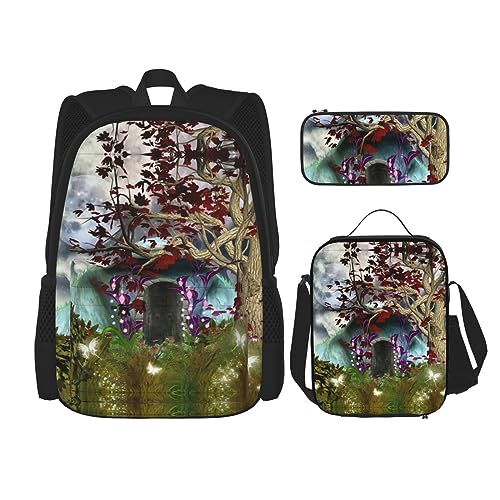 Rucksack Erwachsene Kinder Rucksack Daypack Schultasche mit Lunchtasche und Federmäppchen Kombination Gothic Fairy Garden Muster, Schwarz , Einheitsgröße von BHCASE