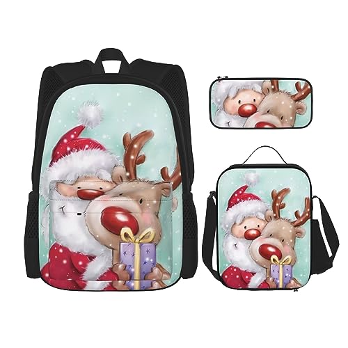 Rucksack Erwachsene Kinder Rucksack Daypack Schultasche mit Lunchtasche und Federmäppchen Kombination Merry Christmas Prints, Schwarz , Einheitsgröße von BHCASE