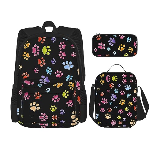 Rucksack Erwachsene Kinder Rucksack Daypack Schultasche mit Lunchtasche und Federmäppchen Kombination Pawful Paws Print Muster, Schwarz , Einheitsgröße von BHCASE