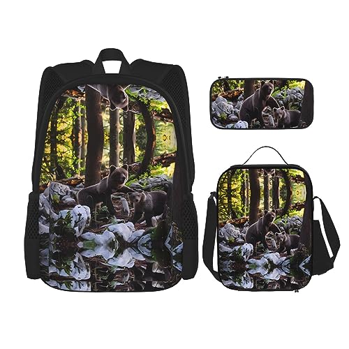 Rucksack Erwachsene Kinder Rucksack Daypack Schultasche mit Lunchtasche und Federmäppchen Kombination Rge und kleine schwarze Bären Druck, Schwarz , Einheitsgröße von BHCASE