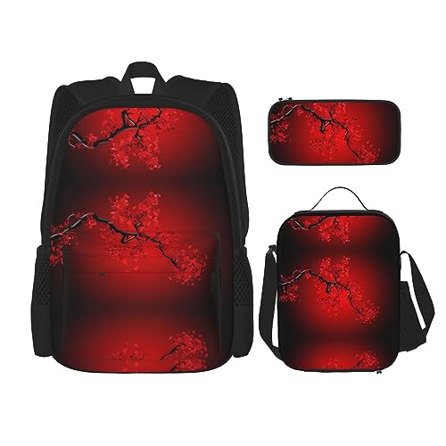 Rucksack Erwachsene Kinder Rucksack Daypack Schultasche mit Lunchtasche und Federmäppchen Kombination Rot Kirschblüten Muster, Schwarz , Einheitsgröße von BHCASE