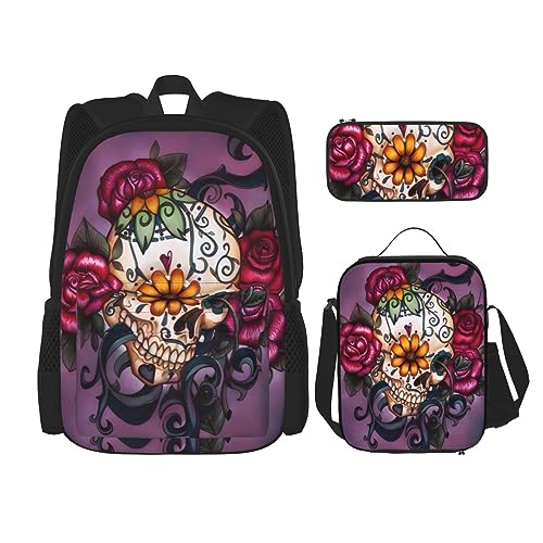 Rucksack Erwachsene Kinder Rucksack Daypack Schultasche mit Lunchtasche und Federmäppchen Kombination Sugar Horror Skull Flowers Rose Printing, Schwarz , Einheitsgröße von BHCASE