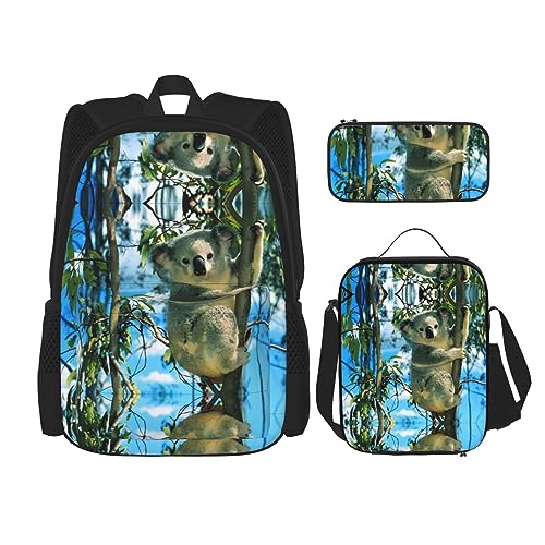 Rucksack Erwachsene Kinder Rucksack Daypack Schultasche mit Mittagessen Tasche und Federmäppchen Kombination Bär Koala Druck, Schwarz , Einheitsgröße von BHCASE