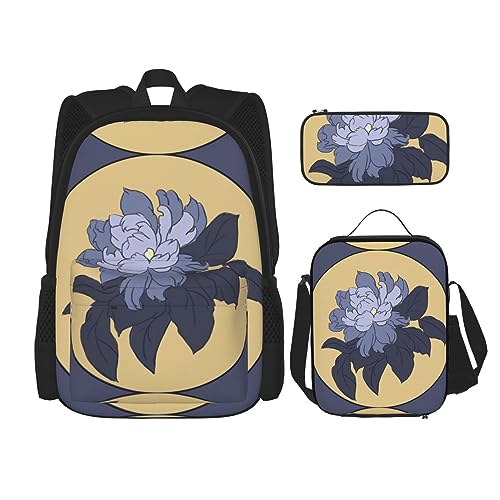 Rucksack Erwachsene Kinder Rucksack Daypack Schultasche mit Mittagessen Tasche und Federmäppchen Kombination Cartoon Pfingstrose Blumenmuster, Schwarz , Einheitsgröße von BHCASE