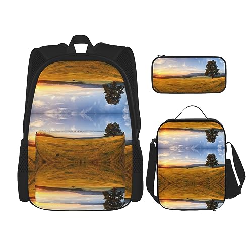 Rucksack Erwachsene Kinder Rucksack Daypack Schultasche mit Mittagessen Tasche und Federmäppchen Kombination Herbst Goldenes Gras Landschaft Prints, Schwarz , Einheitsgröße von BHCASE