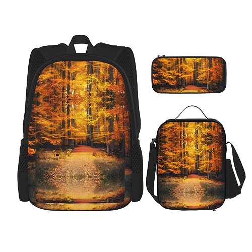 Rucksack Erwachsene Kinder Rucksack Daypack Schultasche mit Mittagessen Tasche und Federmäppchen Kombination Herbst Landschaft Hintergrund Druck, Schwarz , Einheitsgröße von BHCASE