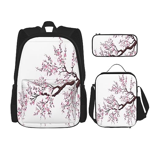 Rucksack Erwachsene Kinder Rucksack Daypack Schultasche mit Mittagessen Tasche und Federmäppchen Kombination Kirschblüten Baum Druck, Schwarz , Einheitsgröße von BHCASE