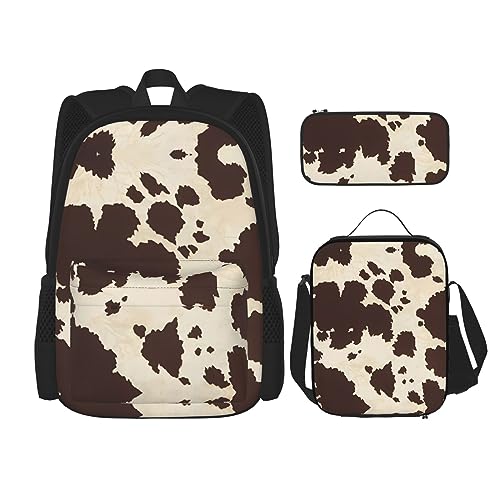 Rucksack Erwachsene Kinder Rucksack Daypack Schultasche mit Mittagessen Tasche und Federmäppchen Kombination Kuhfell Print Muster, Schwarz , Einheitsgröße von BHCASE