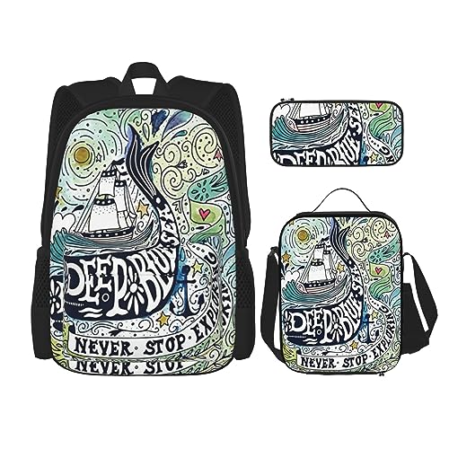 Rucksack Erwachsene Kinder Rucksack Daypack Schultasche mit Mittagessen Tasche und Federmäppchen Kombination Tiefblau Tier Wal Druck, Schwarz , Einheitsgröße von BHCASE