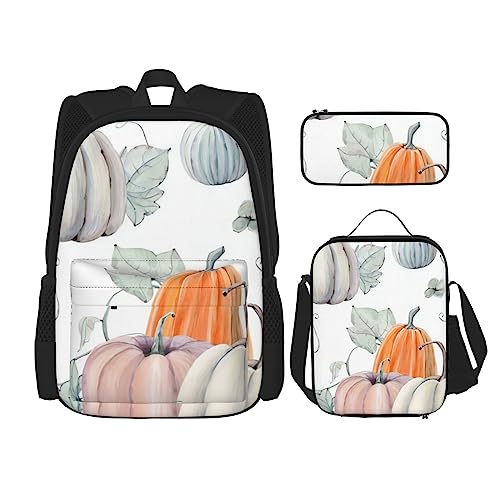 Rucksack Herbst Kürbisse 3-teilig Schulranzen mit Brotdose und Federmäppchen Set : Geeignet für Jungen und Mädchen, Schwarz , Einheitsgröße, Kinderrucksack von BHCASE