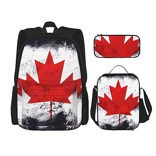Rucksack Kanadische Flagge 3-teilig Schulranzen mit Brotdose und Federmäppchen Set - Geeignet für Jungen und Mädchen, Schwarz , Einheitsgröße, Kinderrucksack von BHCASE
