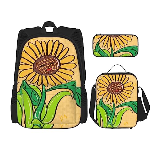 Rucksack Sonnenblumenkerne und Sonnenblumen 3-teilig Schulranzen mit Brotdose und Federmäppchen Set : geeignet für Jungen und Mädchen, Schwarz , Einheitsgröße, Kinderrucksack von BHCASE