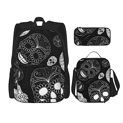 Rucksack Totenkopf 3-teilig Schulranzen mit Brotdose und Federmäppchen Set : geeignet für Jungen und Mädchen, Schwarz , Einheitsgröße, Kinderrucksack von BHCASE