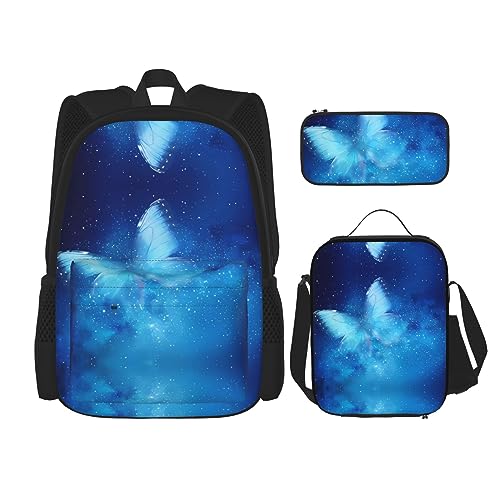 Rucksack für Erwachsene und Kinder, Tagesrucksack, Schultasche mit Lunchtasche und Federmäppchen, Kombination, Blau, Sternenhimmel, Schmetterling, Galaxie, Schwarz , Einheitsgröße von BHCASE