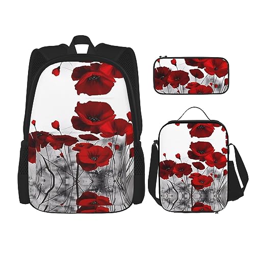 Rucksack für Erwachsene und Kinder, Tagesrucksack, Schultasche mit Lunchtasche und Federmäppchen, Kombination aus roten Mohnblumen-Drucken, Schwarz , Einheitsgröße von BHCASE