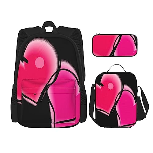 Rucksack mit 2 rosa Herzen, 3-teilig, mit Brotdose und Federmäppchen, geeignet für Jungen und Mädchen, Schwarz , Einheitsgröße, Kinderrucksack von BHCASE