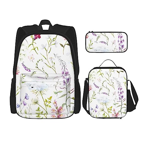 Rucksack mit Aquarell-Blumenmuster, 3-teilig, Schulranzen mit Lunchbox und Federmäppchen, geeignet für Jungen und Mädchen, Schwarz , Einheitsgröße, Kinderrucksack von BHCASE