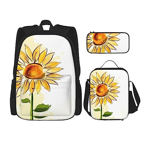 Rucksack mit Aquarell-Sonnenblume, 3-teilig, Schulranzen mit Lunchbox und Federmäppchen, Set für Jungen und Mädchen, Schwarz , Einheitsgröße, Kinderrucksack von BHCASE