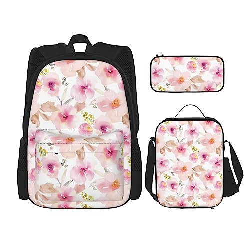 Rucksack mit Blumenmuster, 3-teilig, mit Brotdose und Federmäppchen, für Jungen und Mädchen, Rosa / Violett, Schwarz , Einheitsgröße, Kinderrucksack von BHCASE