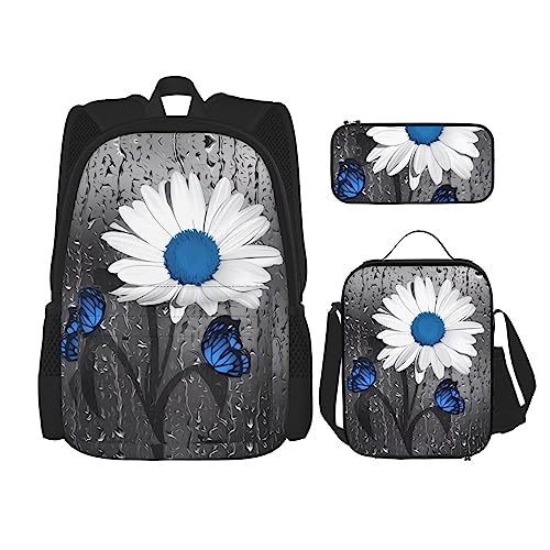 Rucksack mit Gänseblümchen-Motiv, 3-teilig, Schulranzen mit Brotdose und Federmäppchen, geeignet für Jungen und Mädchen, Weiß / Blau, Schwarz , Einheitsgröße, Kinderrucksack von BHCASE