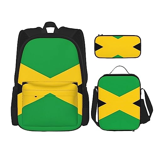 Rucksack mit Jamaika-Flagge, 3-teilig, Schulranzen mit Brotdose und Federmäppchen Set > Geeignet für Jungen und Mädchen, Schwarz , Einheitsgröße, Kinderrucksack von BHCASE