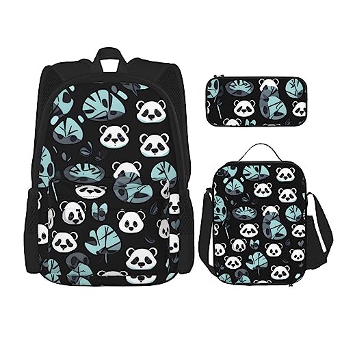 Rucksack mit Panda-Gesicht, Schwarz und Weiß, 3-teilig, Schulranzen mit Brotdose und Federmäppchen Set > Geeignet für Jungen und Mädchen, Schwarz , Einheitsgröße, Kinderrucksack von BHCASE