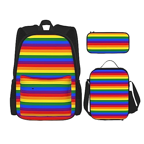 Rucksack mit Regenbogenmuster, 3-teilig, Schulranzen mit Brotdose und Federmäppchen, Set :>> Geeignet für Jungen und Mädchen, Schwarz , Einheitsgröße, Kinderrucksack von BHCASE