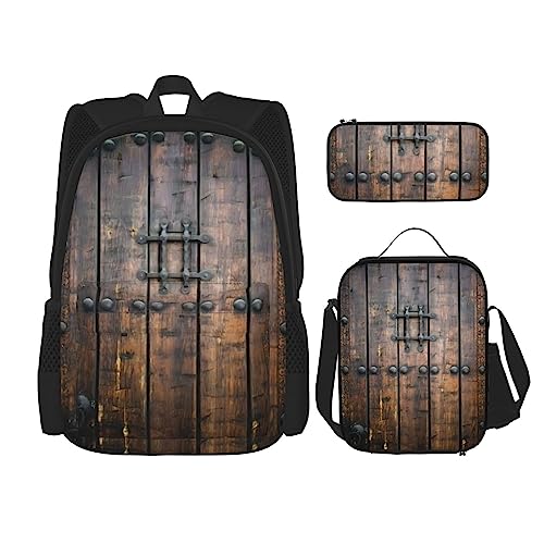 Rustikaler Rucksack mit Holztür, 3-teilig, mit Brotdose und Federmäppchen, geeignet für Jungen und Mädchen, Schwarz , Einheitsgröße, Kinderrucksack von BHCASE