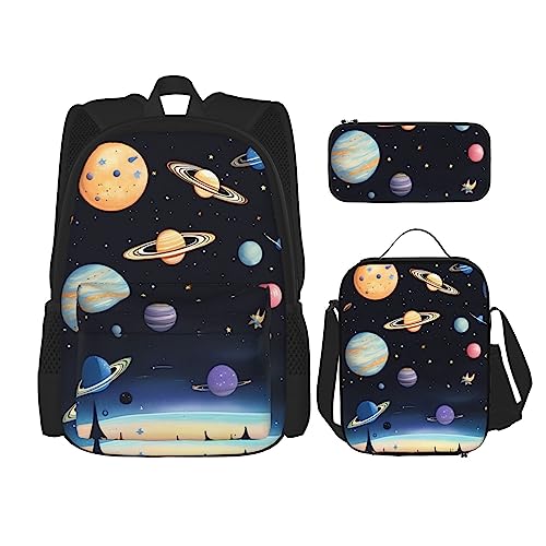 Saturn Jupiter Earth Rucksack 3-teilig Schulranzen mit Brotdose und Federmäppchen Set - Geeignet für Jungen und Mädchen, Schwarz , Einheitsgröße, Kinderrucksack von BHCASE