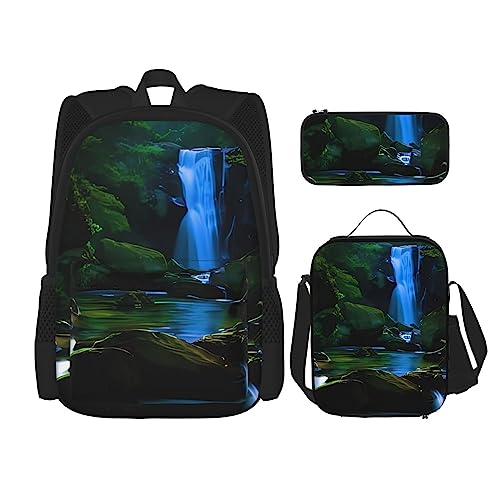 Scenic Mountain Wasserfall Rucksack 3-teilig Schulranzen mit Brotdose und Federmäppchen Set > Geeignet für Jungen und Mädchen, Schwarz , Einheitsgröße, Kinderrucksack von BHCASE