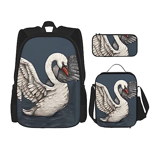 Schöner weißer Schwan Rucksack 3-teilig Schulranzen mit Brotdose und Federmäppchen Set > Geeignet für Jungen und Mädchen, Schwarz , Einheitsgröße, Kinderrucksack von BHCASE