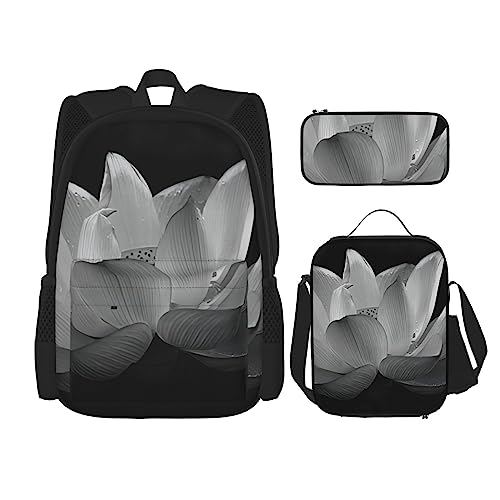 Schulranzen Rucksack 3-teilig mit Brotdose und Federmäppchen Set - Schwarz / Weiß - Geeignet für Jungen und Mädchen, Schwarz , Einheitsgröße, Kinderrucksack von BHCASE
